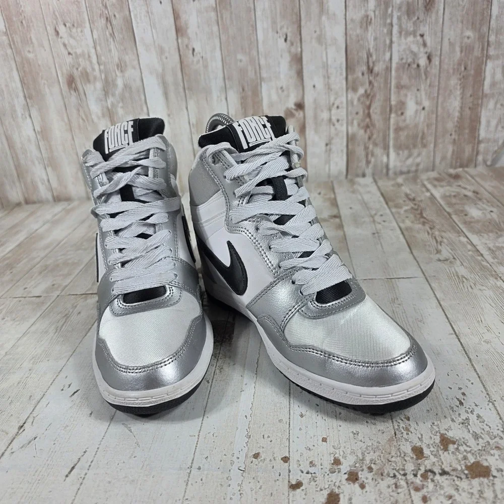 Nike Force Sky High Metallic Silver White Black Wedge 629746-100 Womens 7